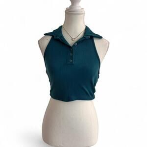 Street Style Store Size S Blue Collard Casual Button detail Open Back Cropp Top